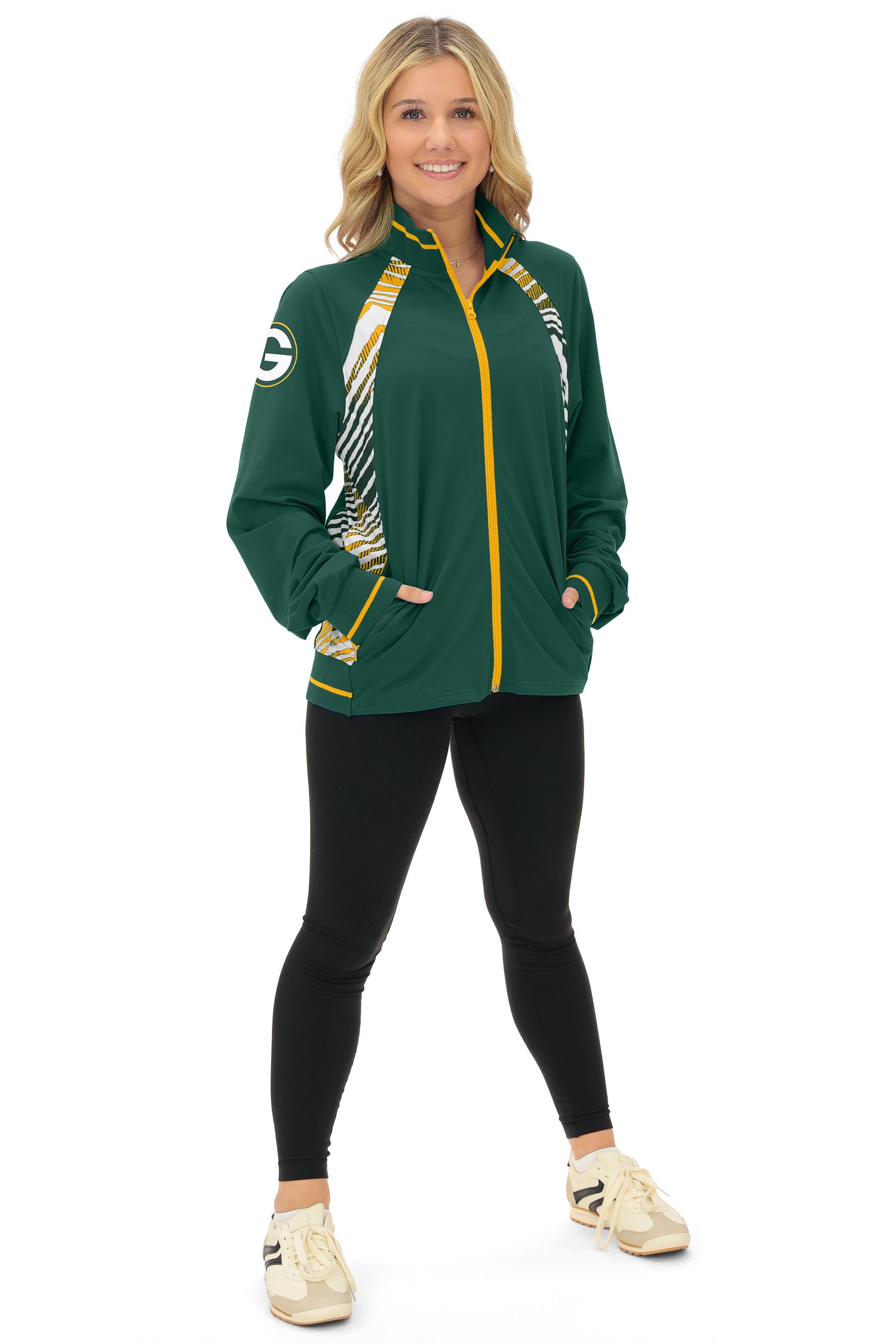 Zubaz NFL  Women's Elevated Zebra Ombre Mock Track Full Zip Top, GREEN BAY PACKERS
