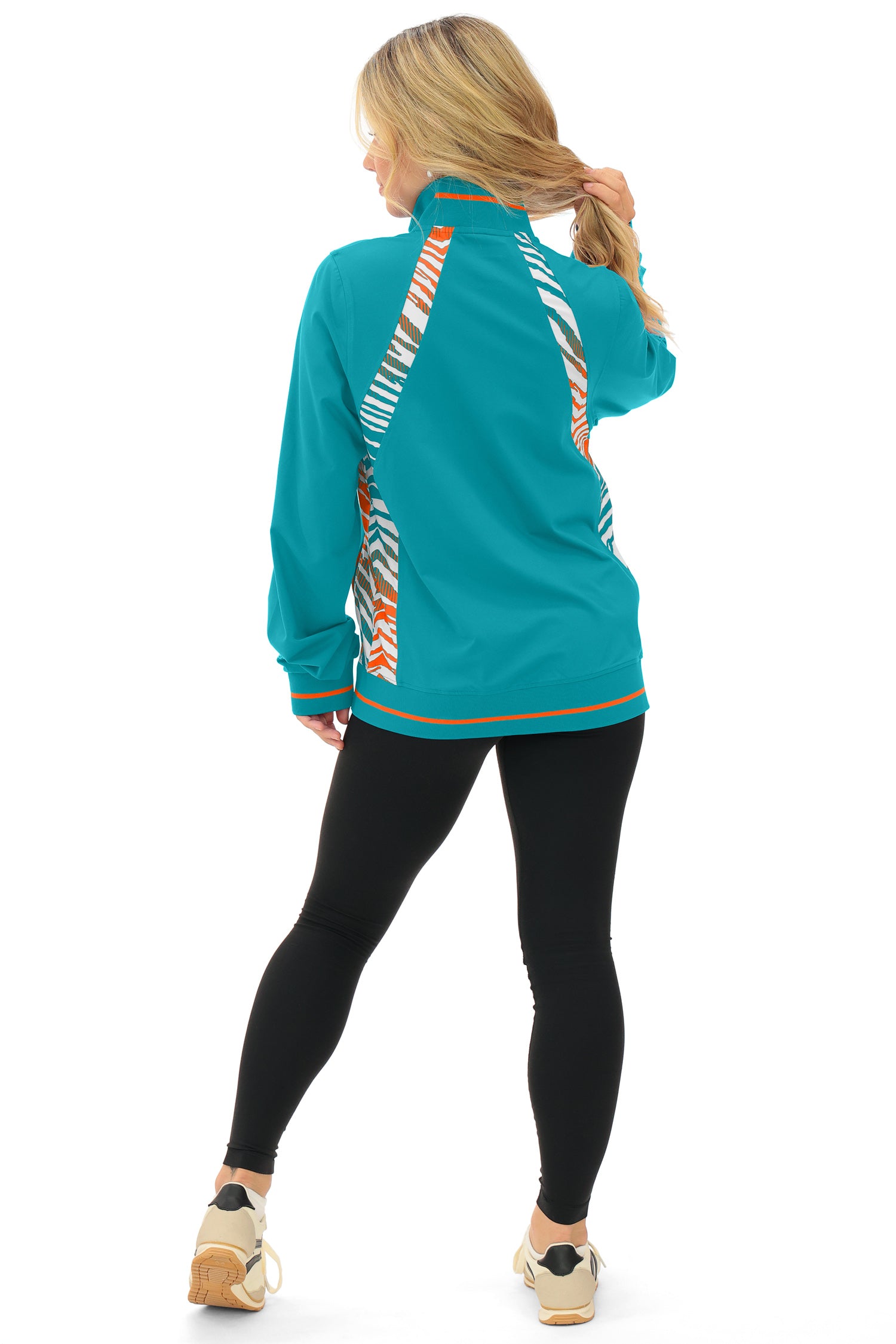 Zubaz NFL  Women's Elevated Zebra Ombre Mock Track Full Zip Top, MIAMI DOLPHINS