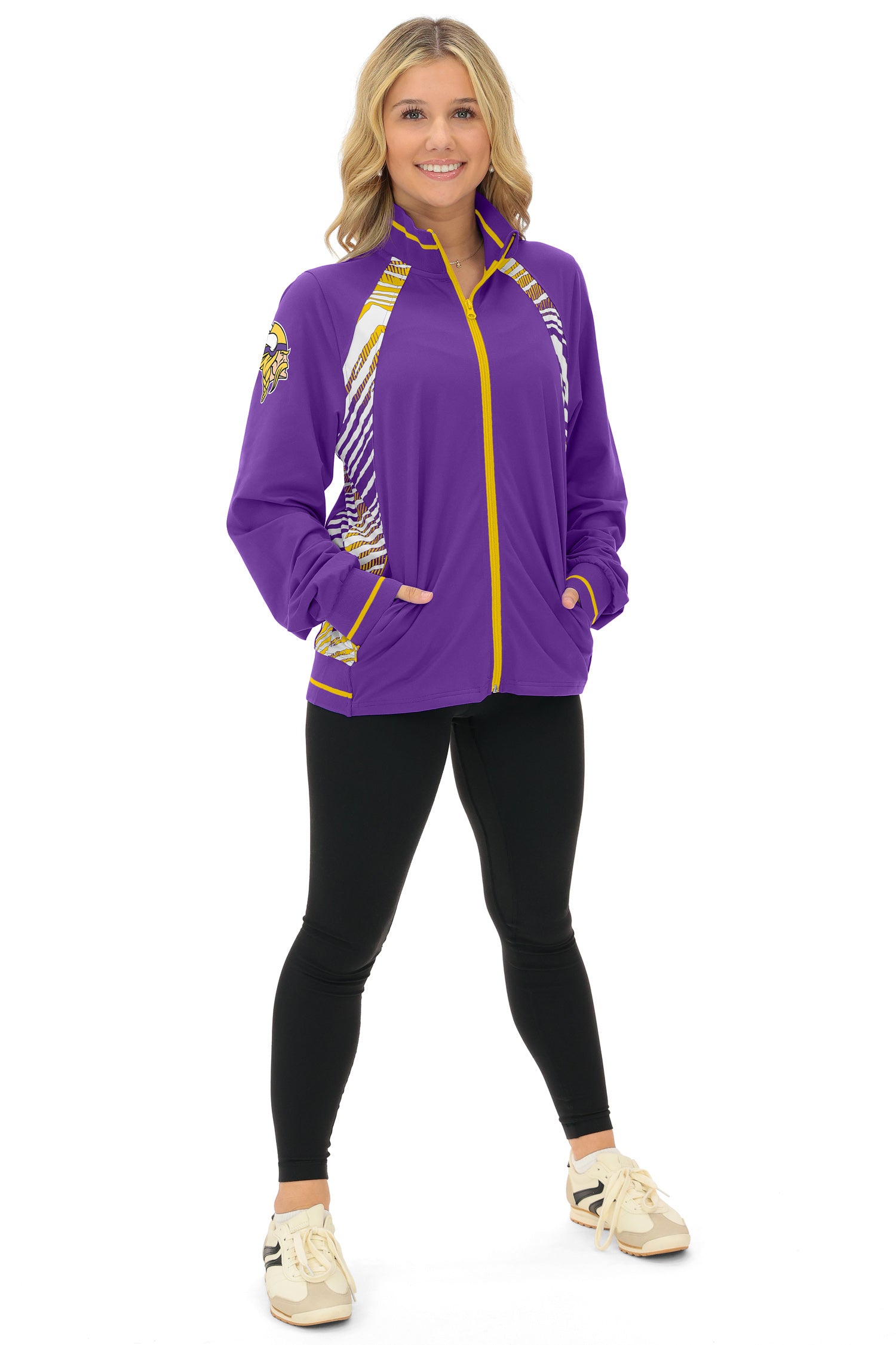 Zubaz NFL  Women's Elevated Zebra Ombre Mock Track Full Zip Top, MINNESOTA VIKINGS