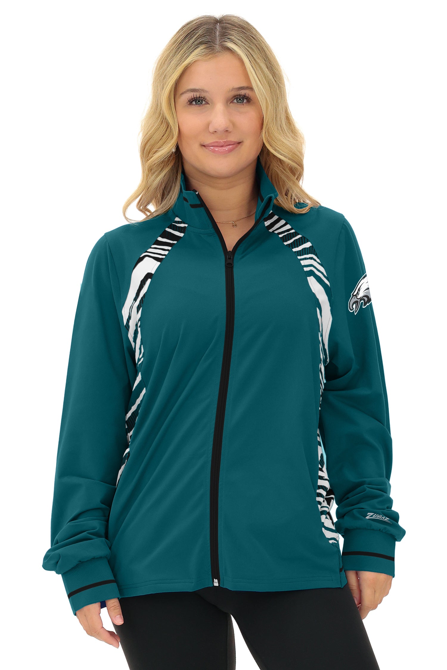 Zubaz NFL  Women's Elevated Zebra Ombre Mock Track Full Zip Top, PHILADELPHIA EAGLES