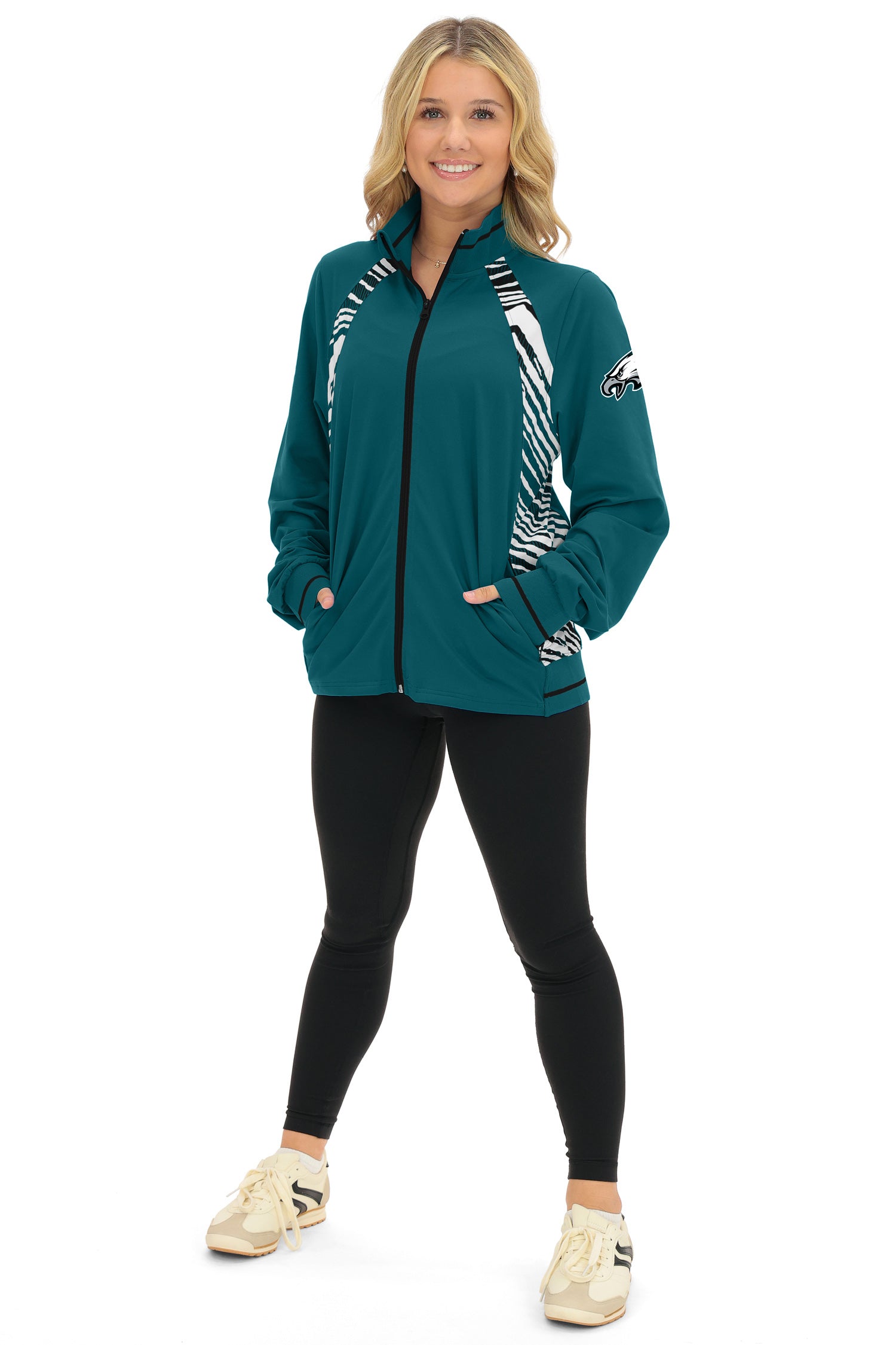 Zubaz NFL  Women's Elevated Zebra Ombre Mock Track Full Zip Top, PHILADELPHIA EAGLES
