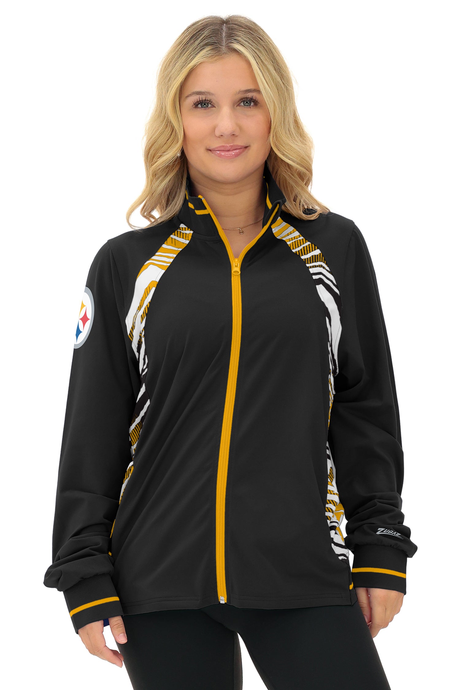 Zubaz NFL  Women's Elevated Zebra Ombre Mock Track Full Zip Top, PITTSBURGH STEELERS