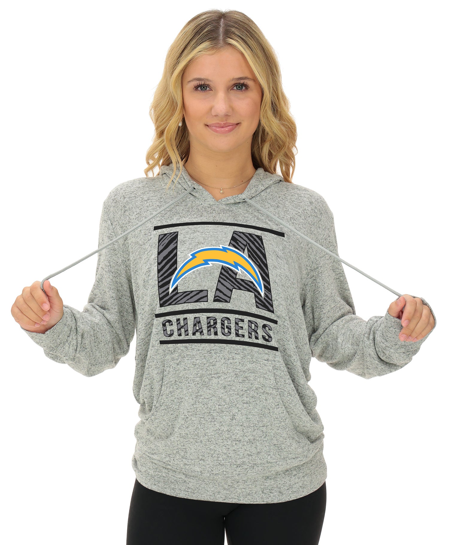 Zubaz NFL Women's Goal Line Soft Marled Gray Hoodie, Los Angeles Chargers,