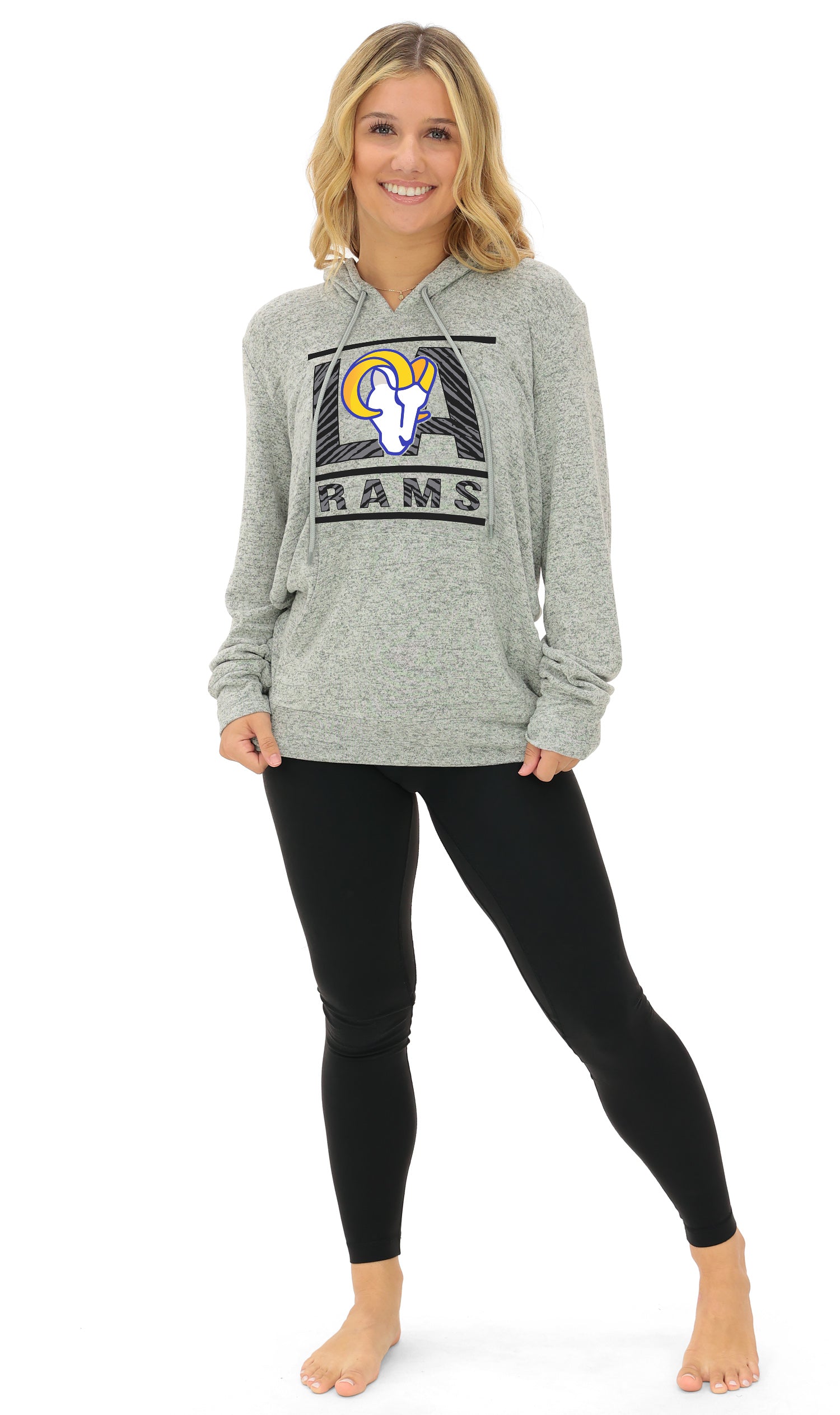 Zubaz NFL Women's Goal Line Soft Marled Gray Hoodie, Los Angeles Rams