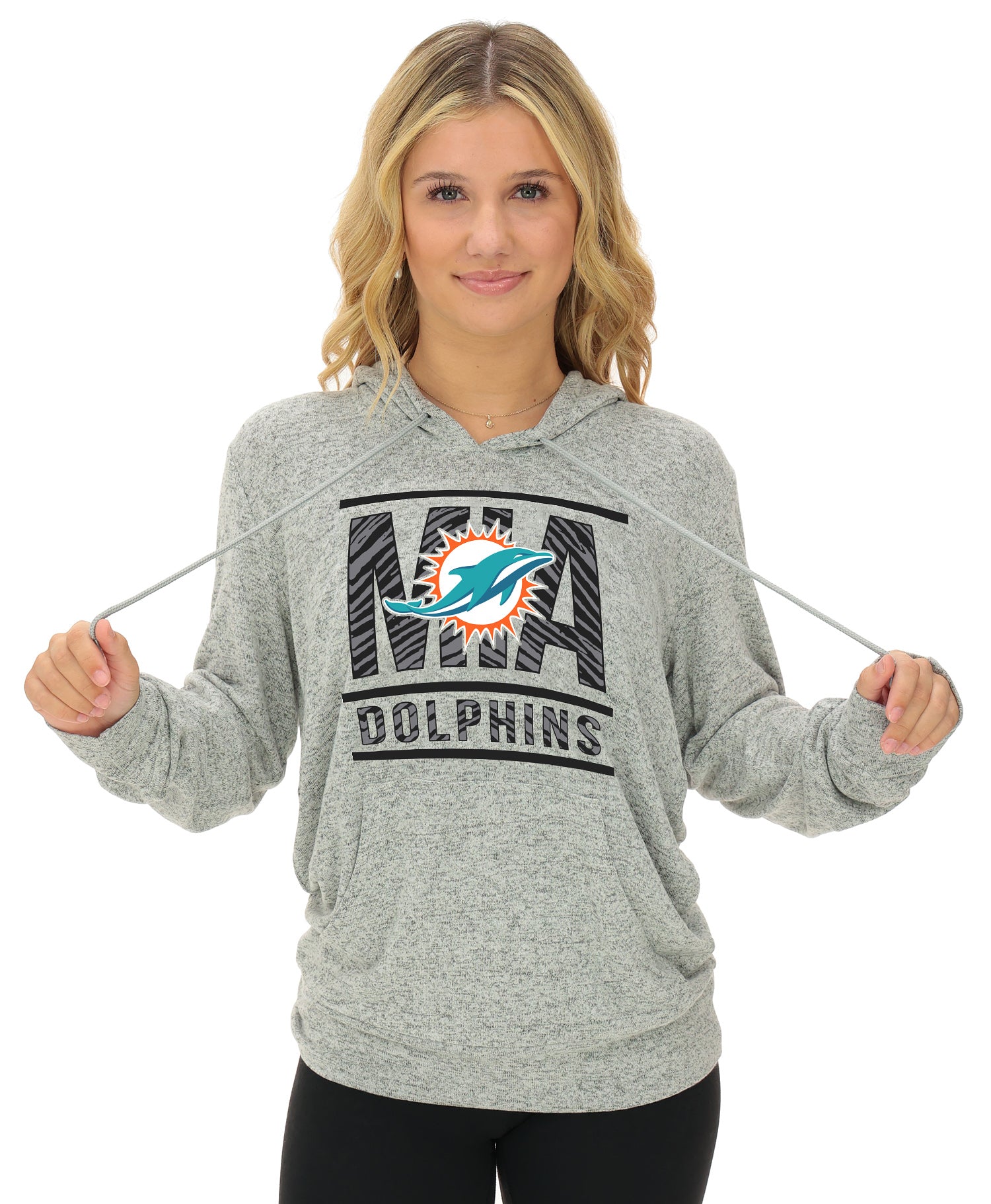Zubaz NFL Women's Goal Line Soft Marled Gray Hoodie, Miami Dolphins