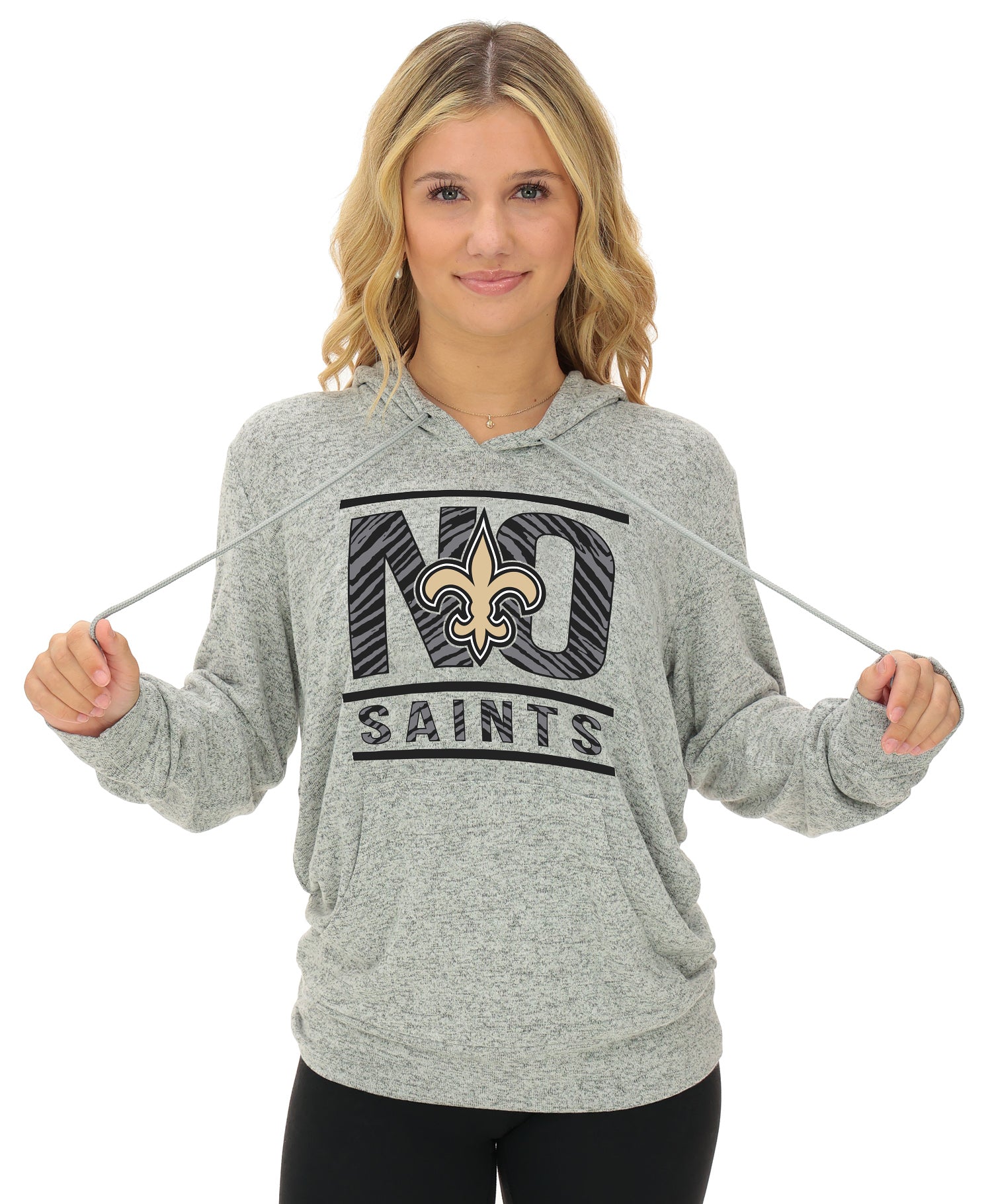 Zubaz NFL Women's Goal Line Soft Marled Gray Hoodie, New Orleans Saints