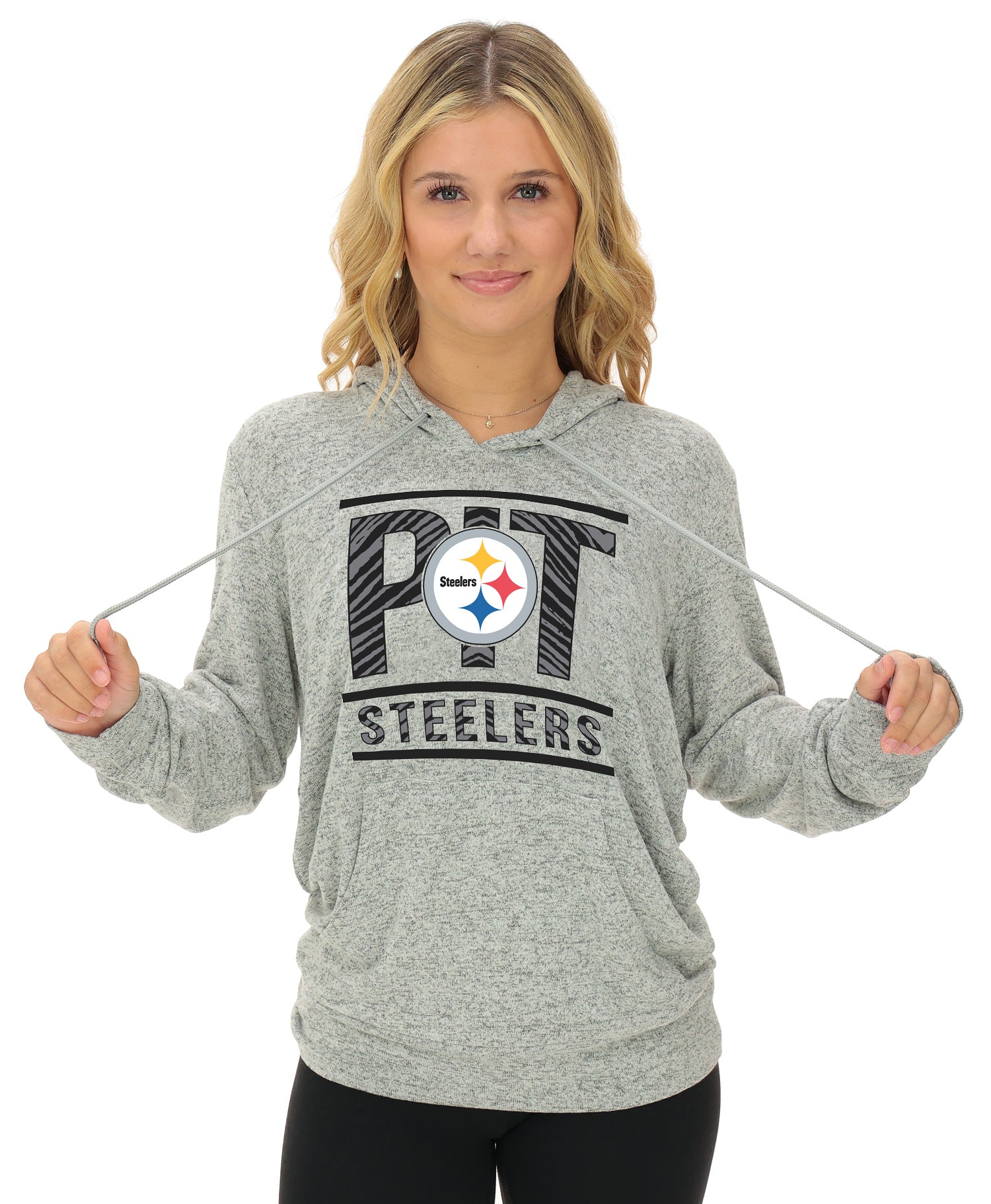 Zubaz NFL Women's Goal Line Soft Marled Gray Hoodie, Pittsburgh Steelers