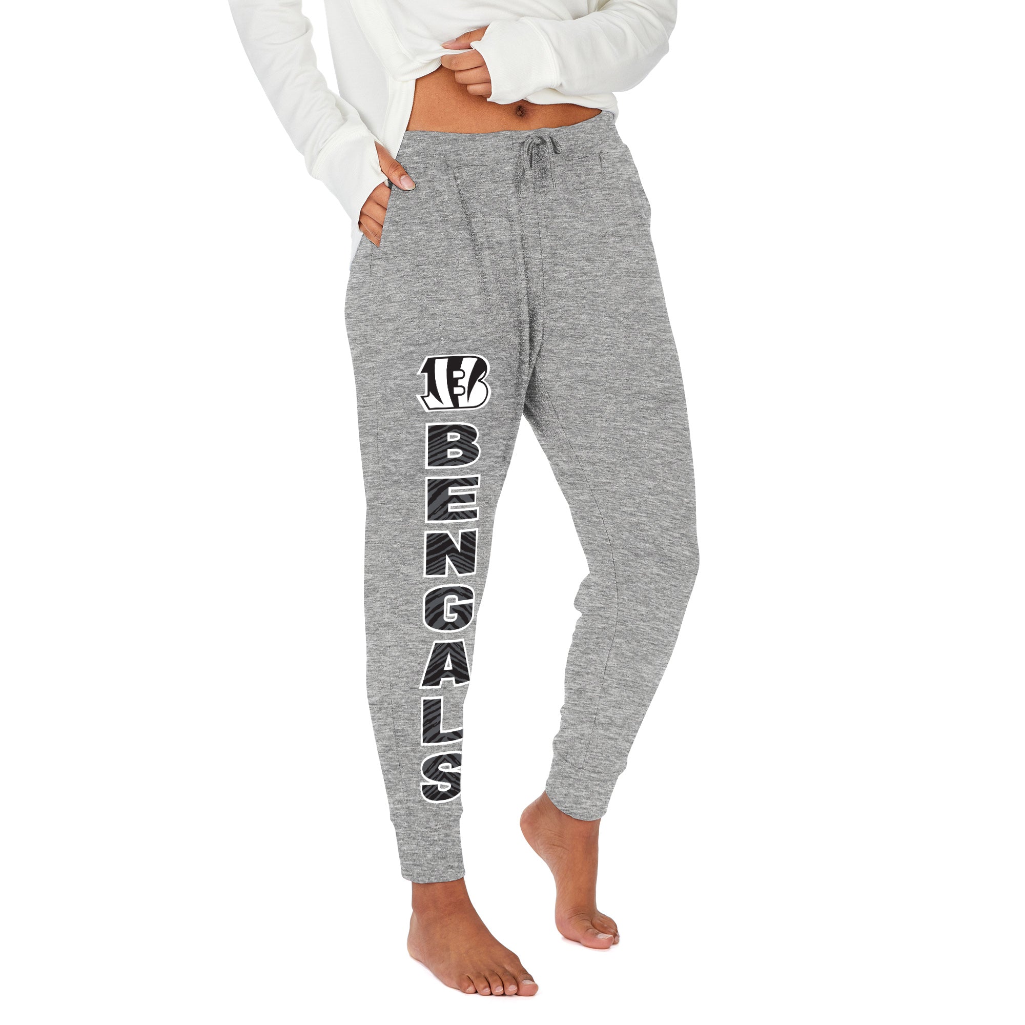 Zubaz NFL Women's Stacked Text Soft Marled Gray Jogger, Cincinnati Bengals
