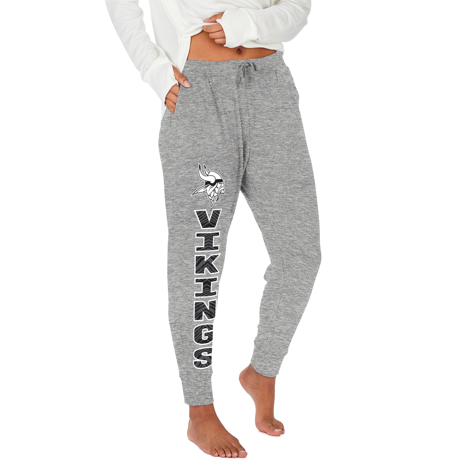 Zubaz NFL Women's Stacked Text Soft Marled Gray Jogger, Minnesota Vikings