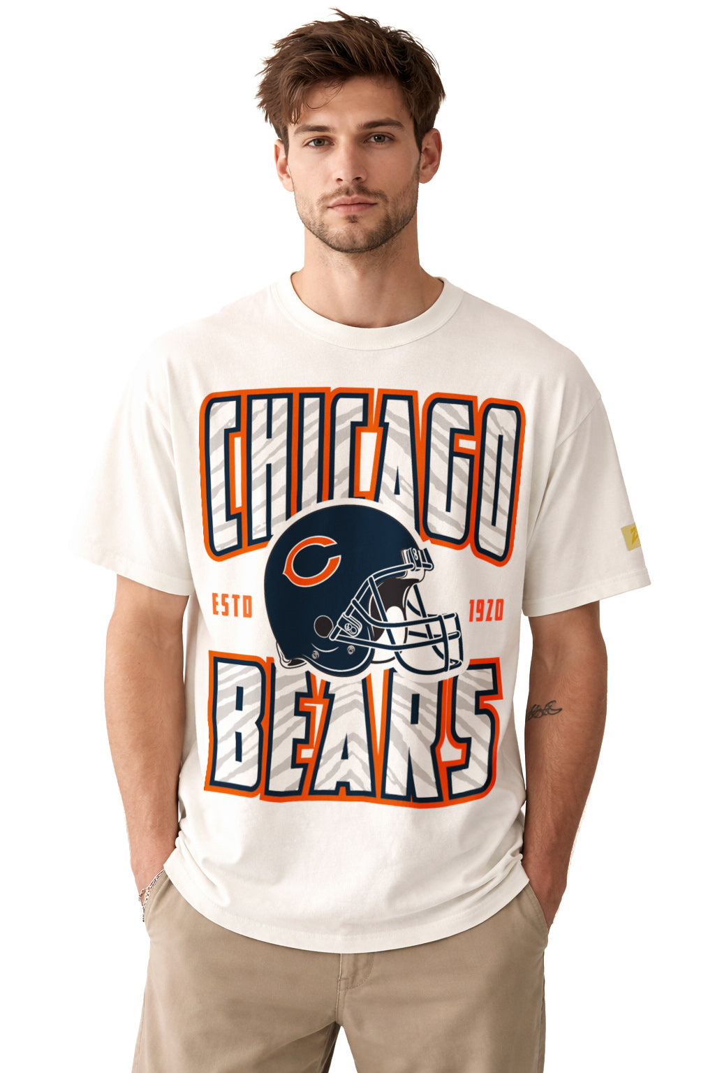 Zubaz NFL 90s SS Tee- Helmet-Off White, CHICAGO BEARS