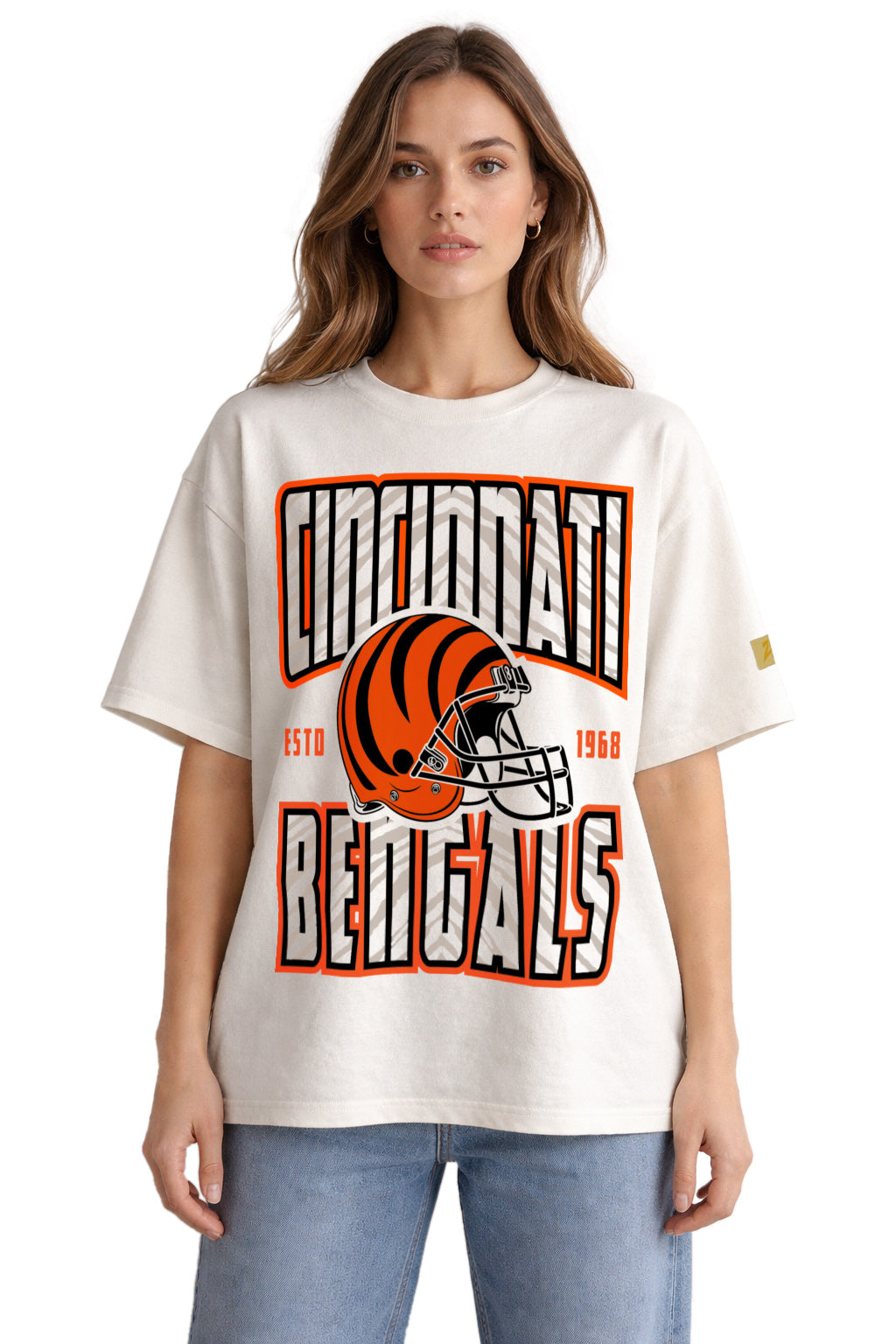 Zubaz NFL 90s SS Tee- Helmet-Off White, CINCINNATI BENGALS