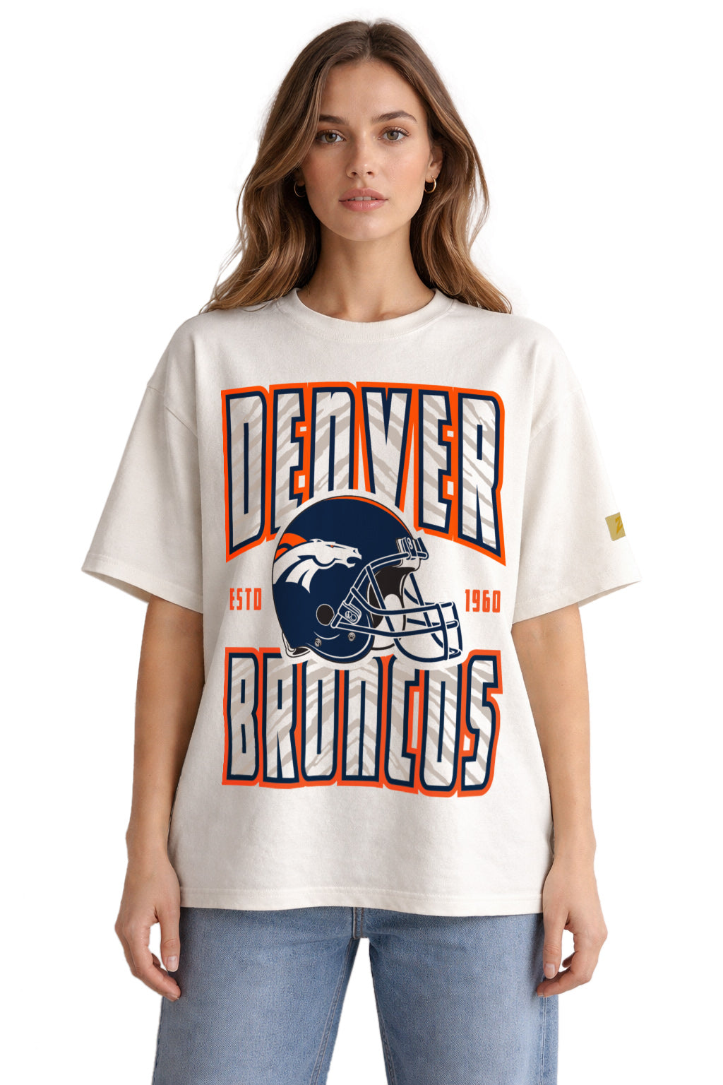 Zubaz NFL 90s SS Tee- Helmet-Off White, DENVER BRONCOS