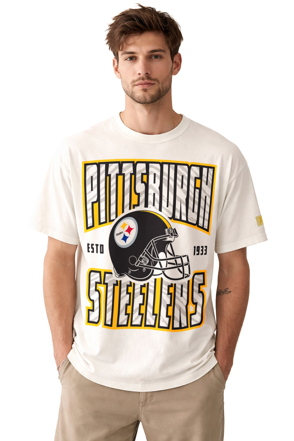Zubaz NFL 90s SS Tee- Helmet-Off White, PITTSBURGH STEELERS