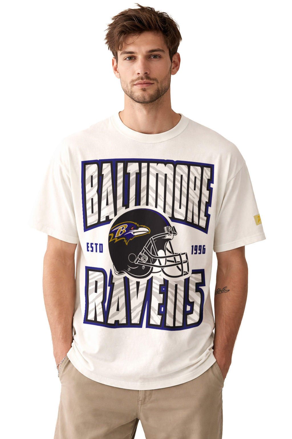Zubaz NFL 90s SS Tee- Helmet-Off White, BALTIMORE RAVENS