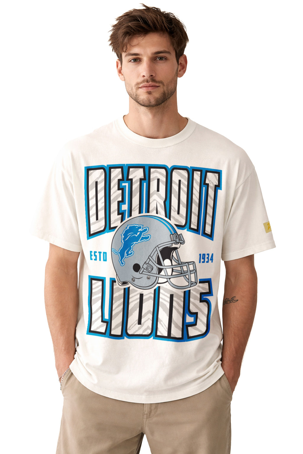 Zubaz NFL 90s SS Tee- Helmet-Off White, DETROIT LIONS
