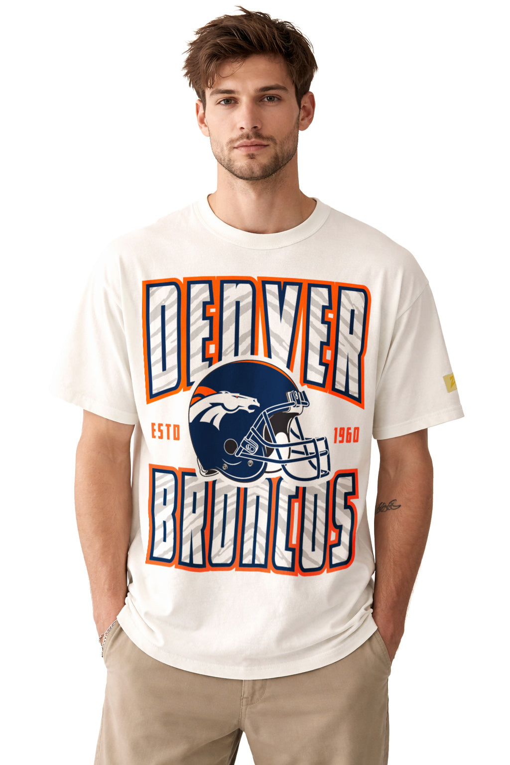 Zubaz NFL 90s SS Tee- Helmet-Off White, DENVER BRONCOS