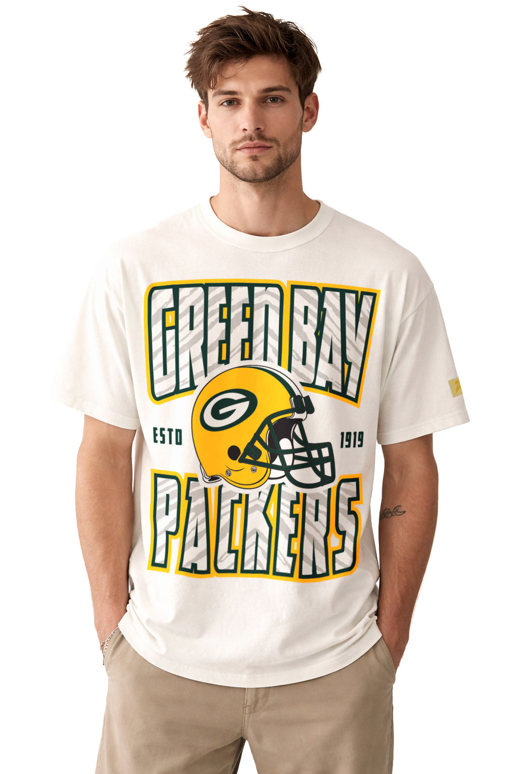 Zubaz NFL 90s SS Tee- Helmet-Off White, GREEN BAY PACKERS