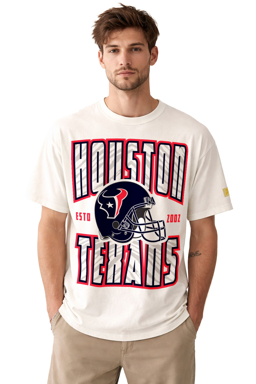 Zubaz NFL 90s SS Tee- Helmet-Off White, HOUSTON TEXANS
