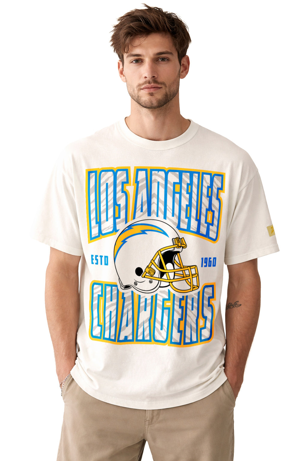 Zubaz NFL 90s SS Tee- Helmet-Off White, LOS ANGELES CHARGERS