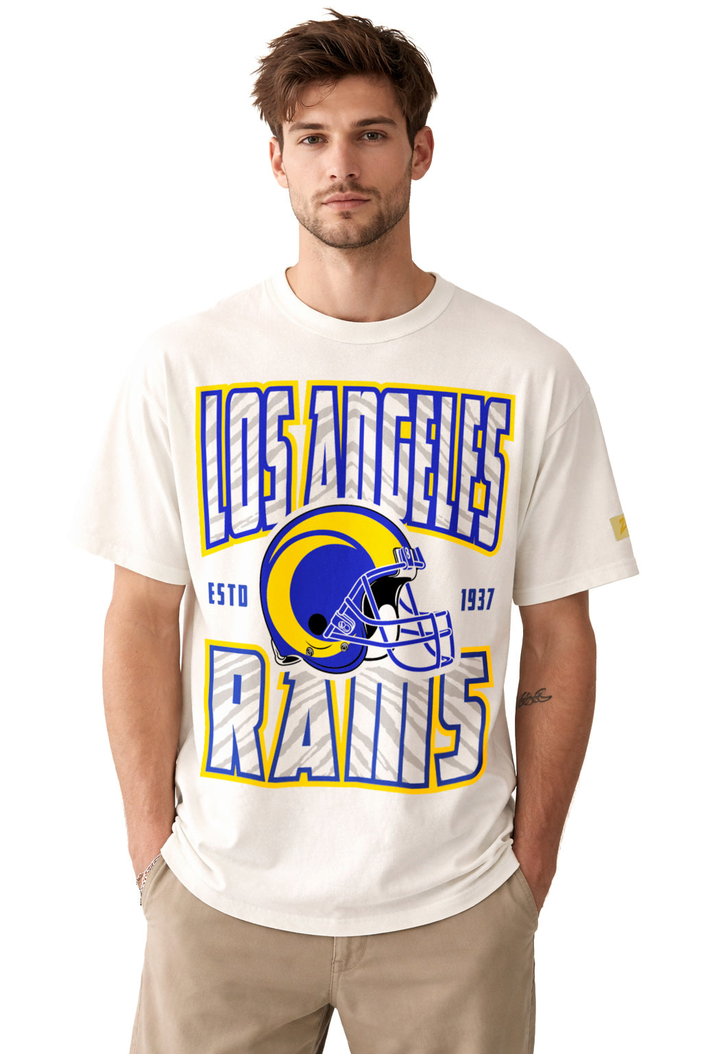 Zubaz NFL 90s SS Tee- Helmet-Off White, LOS ANGELES RAMS
