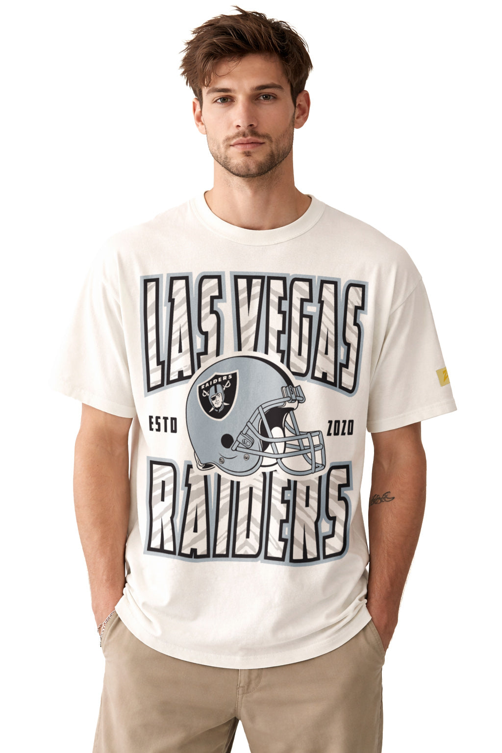 Zubaz NFL 90s SS Tee- Helmet-Off White, LAS VEGAS RAIDERS