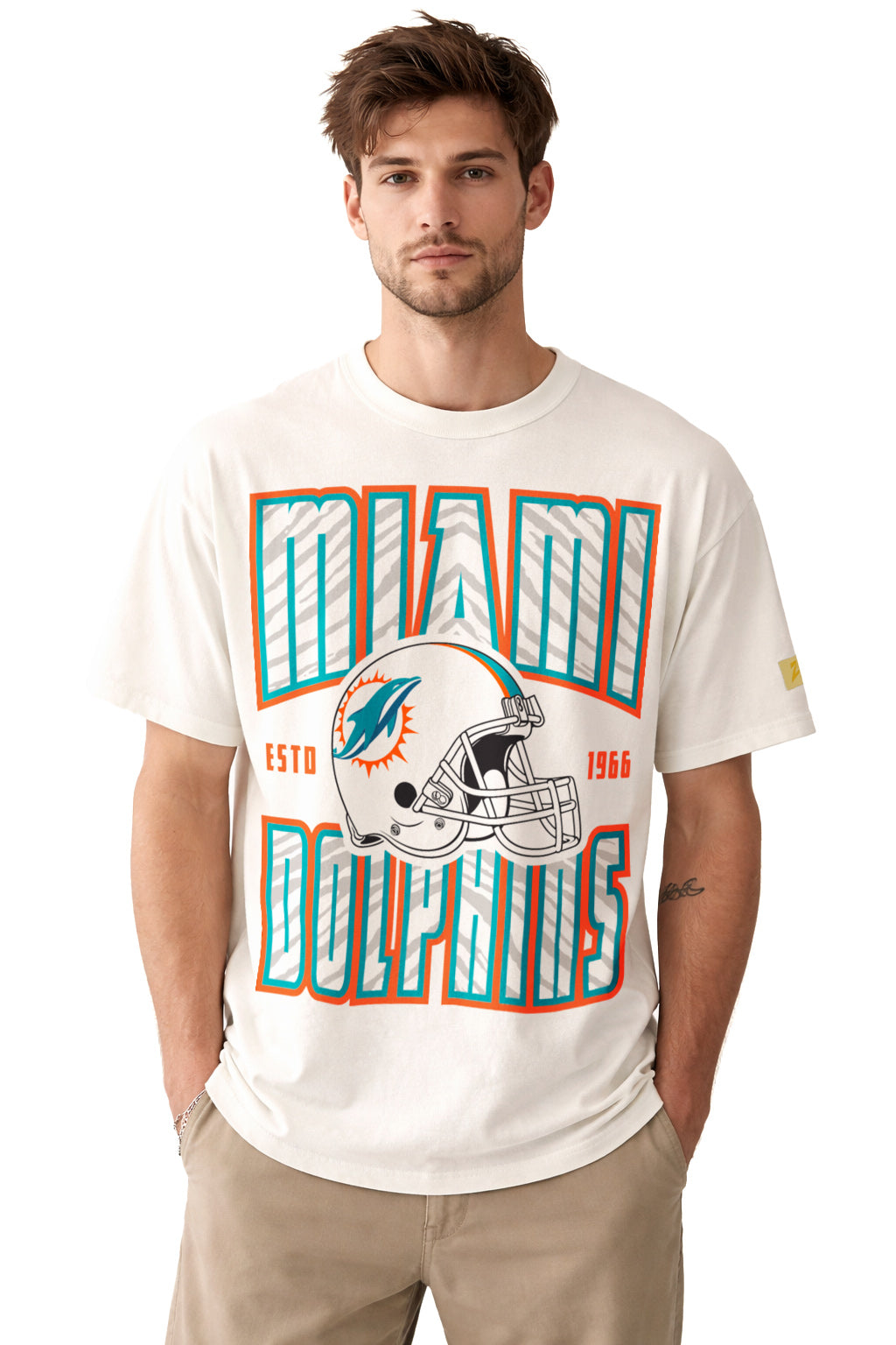 Zubaz NFL 90s SS Tee- Helmet-Off White, MIAMI DOLPHINS