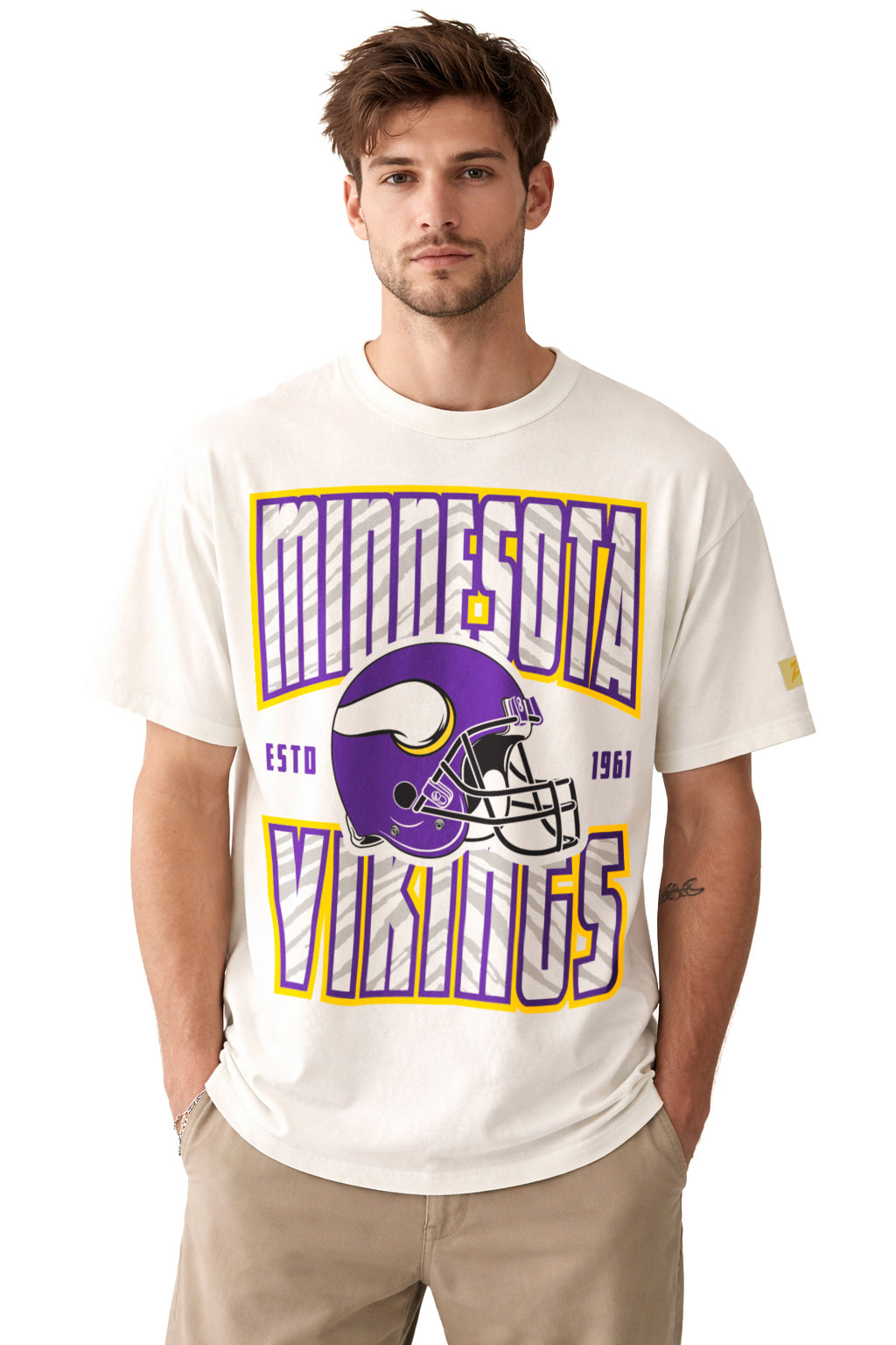 Zubaz NFL 90s SS Tee- Helmet-Off White, MINNESOTA VIKINGS