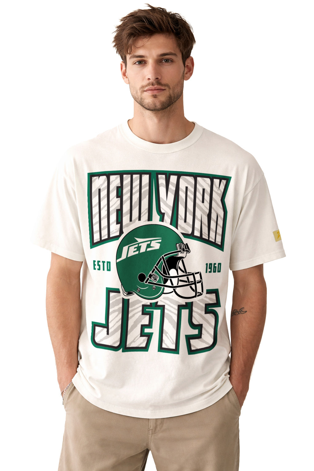 Zubaz NFL 90s SS Tee- Helmet-Off White, NEW YORK JETS