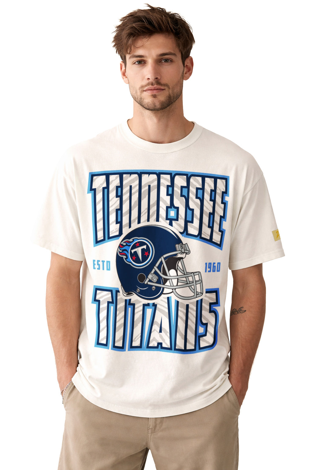 Zubaz NFL 90s SS Tee- Helmet-Off White, TENNESSEE TITANS