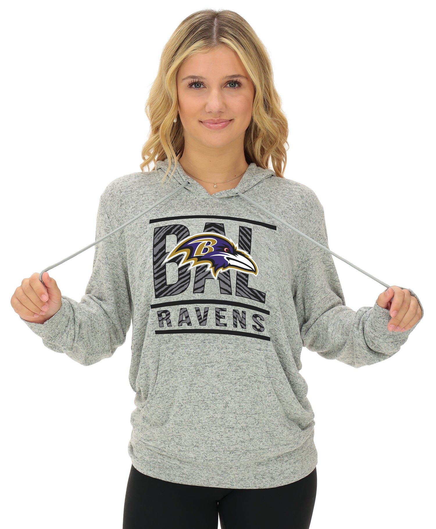 Zubaz NFL Women's Goal Line Soft Marled Gray Hoodie, Baltimore Ravens