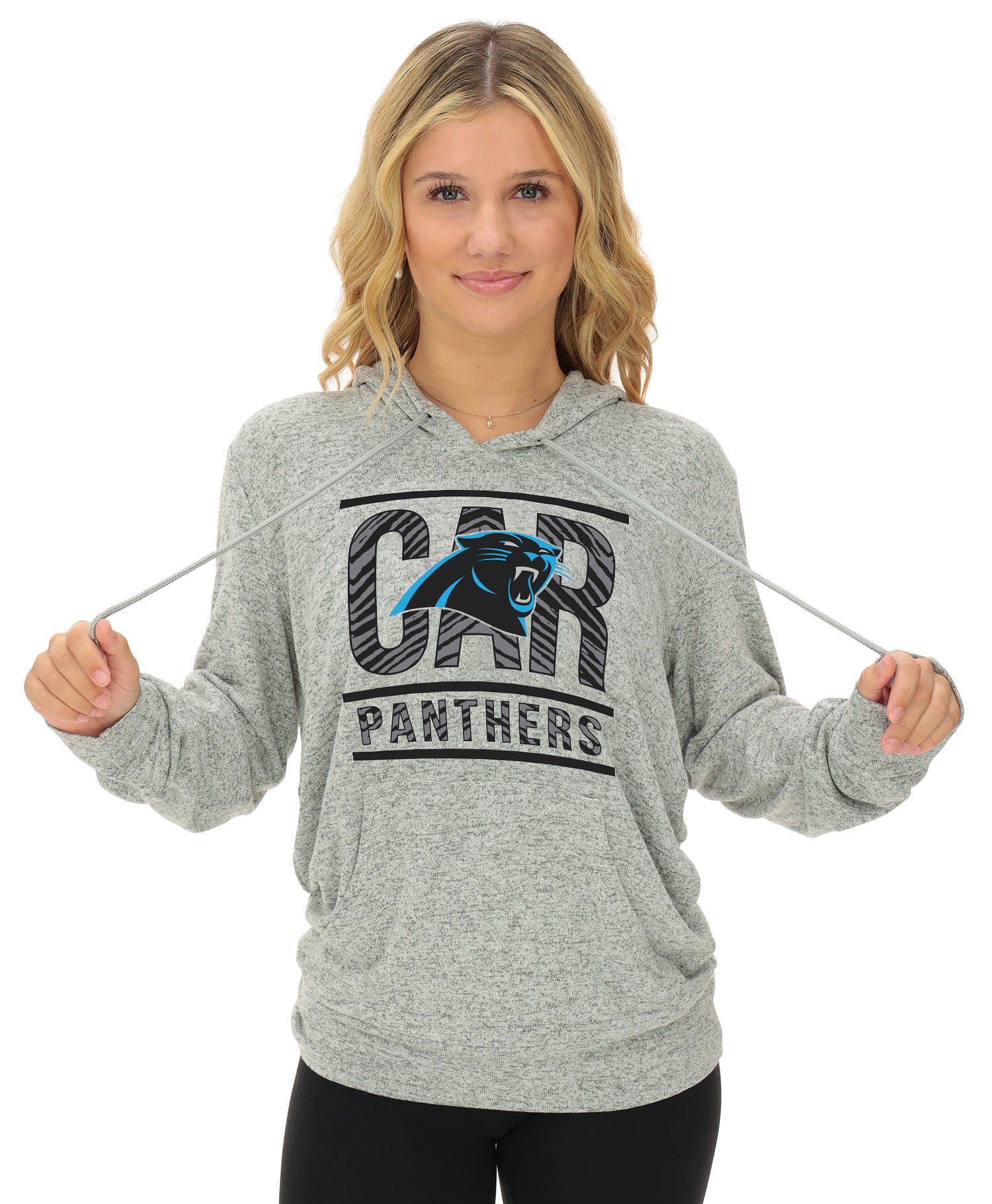 Zubaz NFL Women's Goal Line Soft Marled Gray Hoodie, Carolina Panthers
