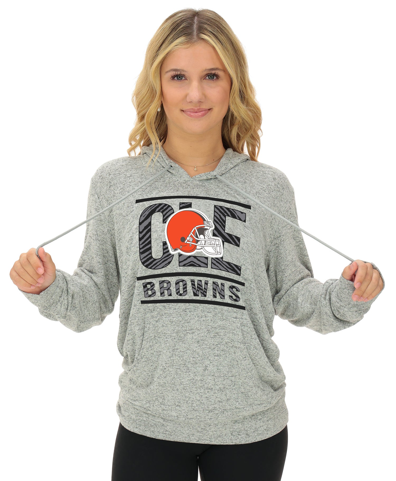 Zubaz NFL Women's Goal Line Soft Marled Gray Hoodie, Cleveland Browns