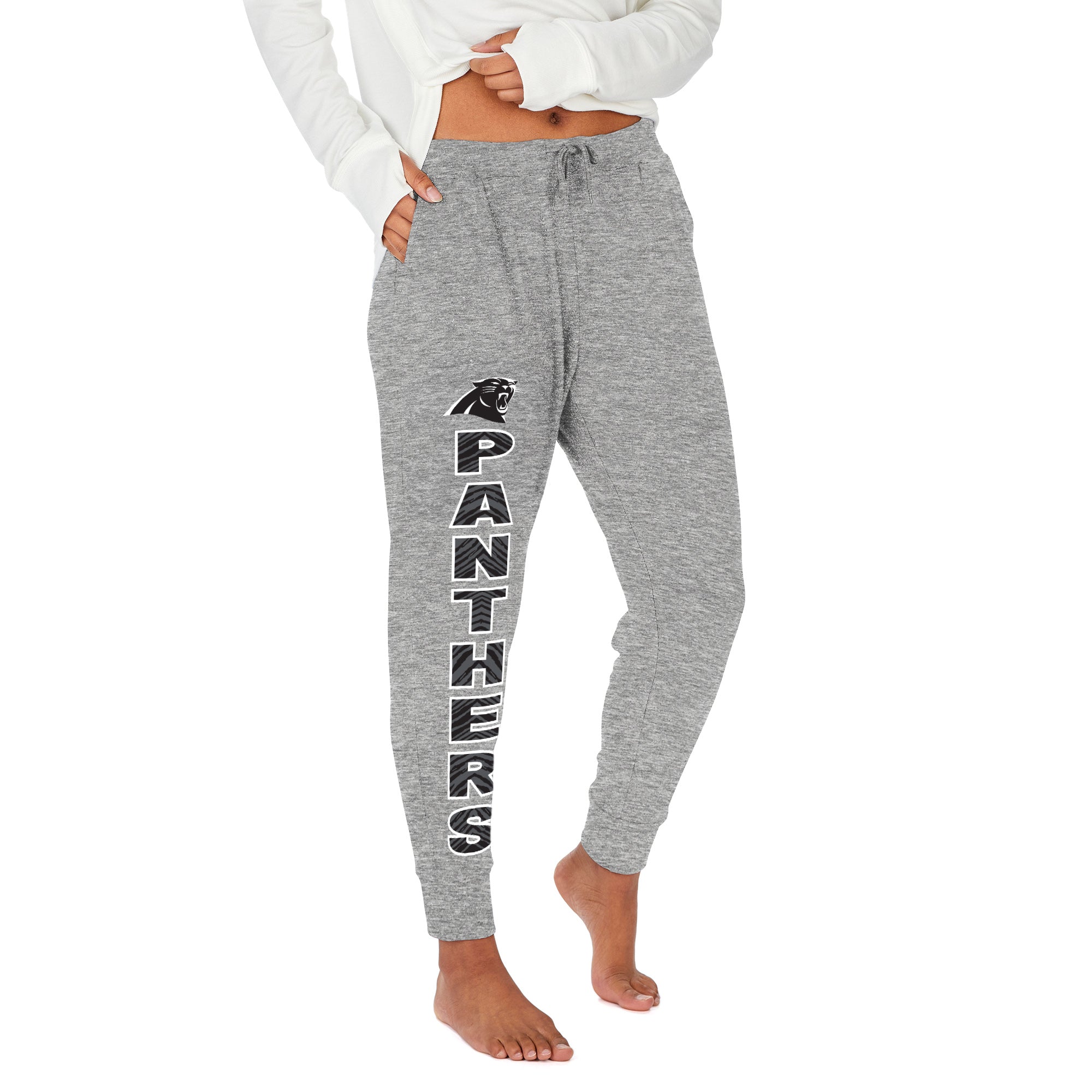 Zubaz NFL Women's Stacked Text Soft Marled Gray Jogger, Carolina Panthers