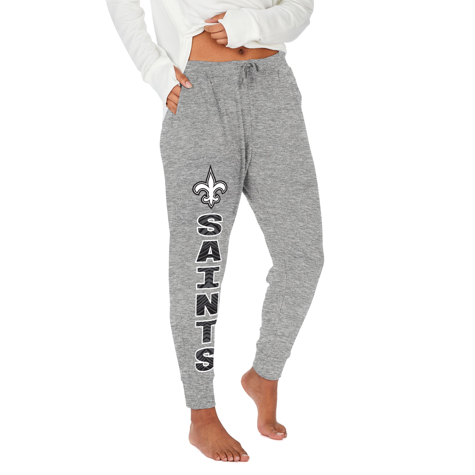 Zubaz NFL Women's Stacked Text Soft Marled Gray Jogger, New Orleans Saints