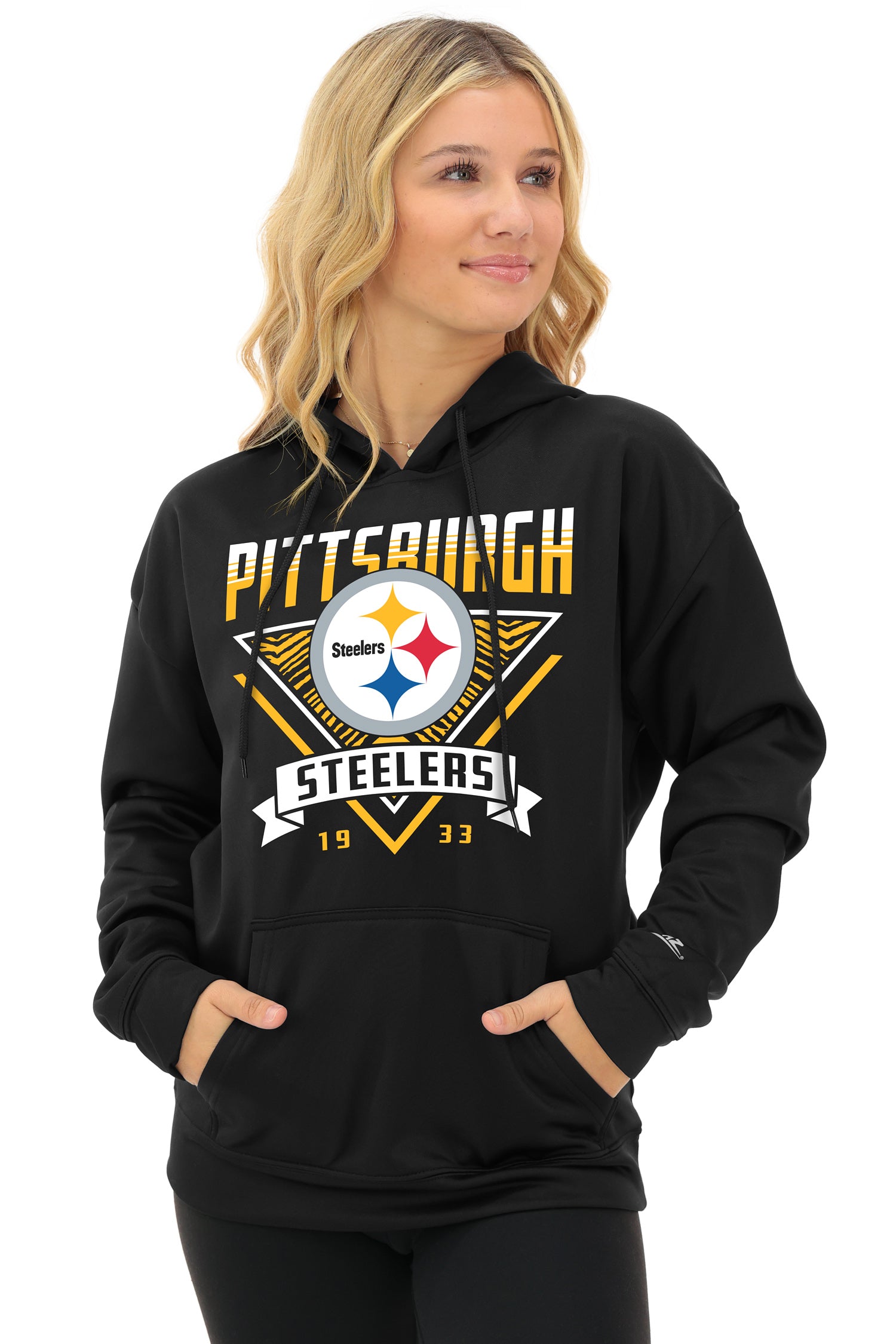 Zubaz NFL   Women's Free Play 2 Color Zebra Liner Hoodie, PITTSBURGH STEELERS