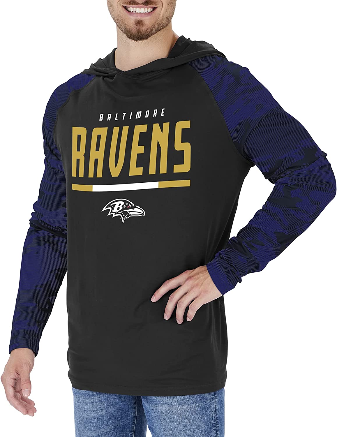 Zubaz NFL  Men's Linebacker Camo Line Sleeves Lightweight Hoodie, BALTIMORE RAVENS
