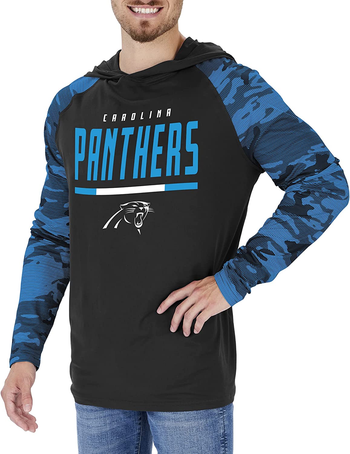 Zubaz NFL  Men's Linebacker Camo Line Sleeves Lightweight Hoodie, CAROLINA PANTHERS