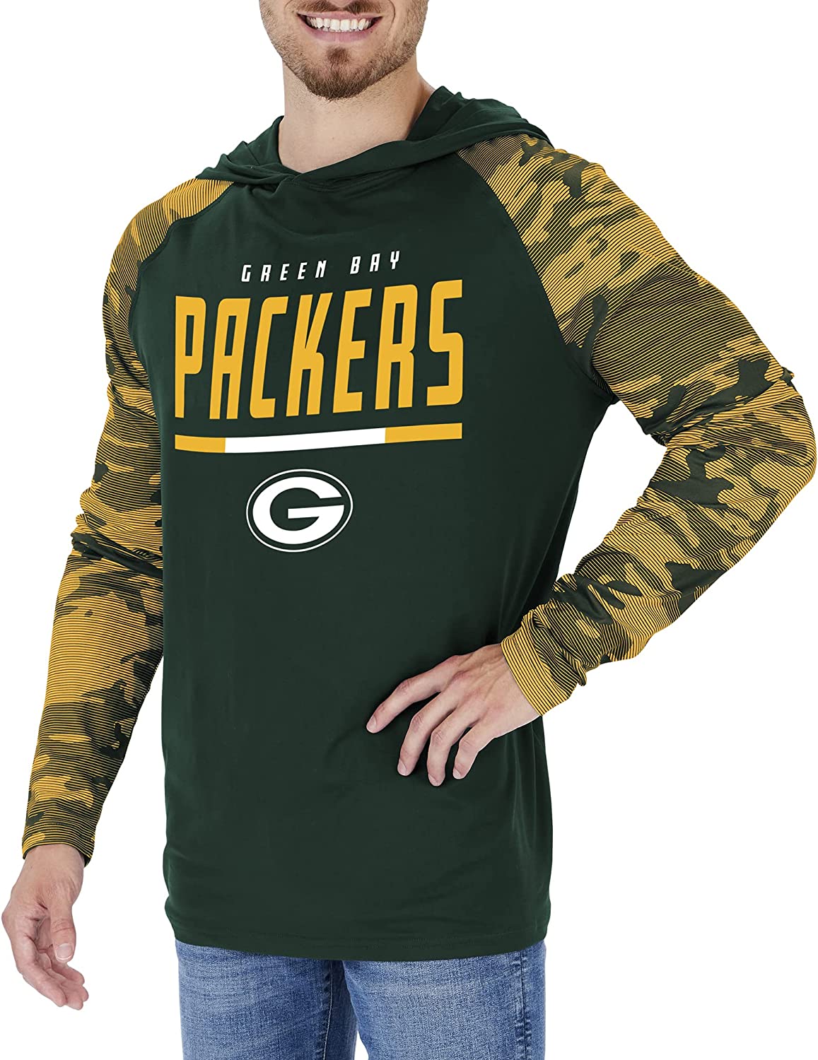 Zubaz NFL  Men's Linebacker Camo Line Sleeves Lightweight Hoodie, GREEN BAY PACKERS