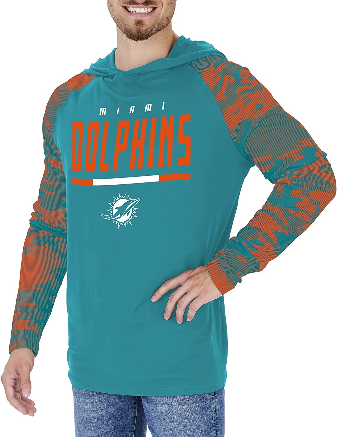 Zubaz NFL  Men's Linebacker Camo Line Sleeves Lightweight Hoodie, MIAMI DOLPHINS