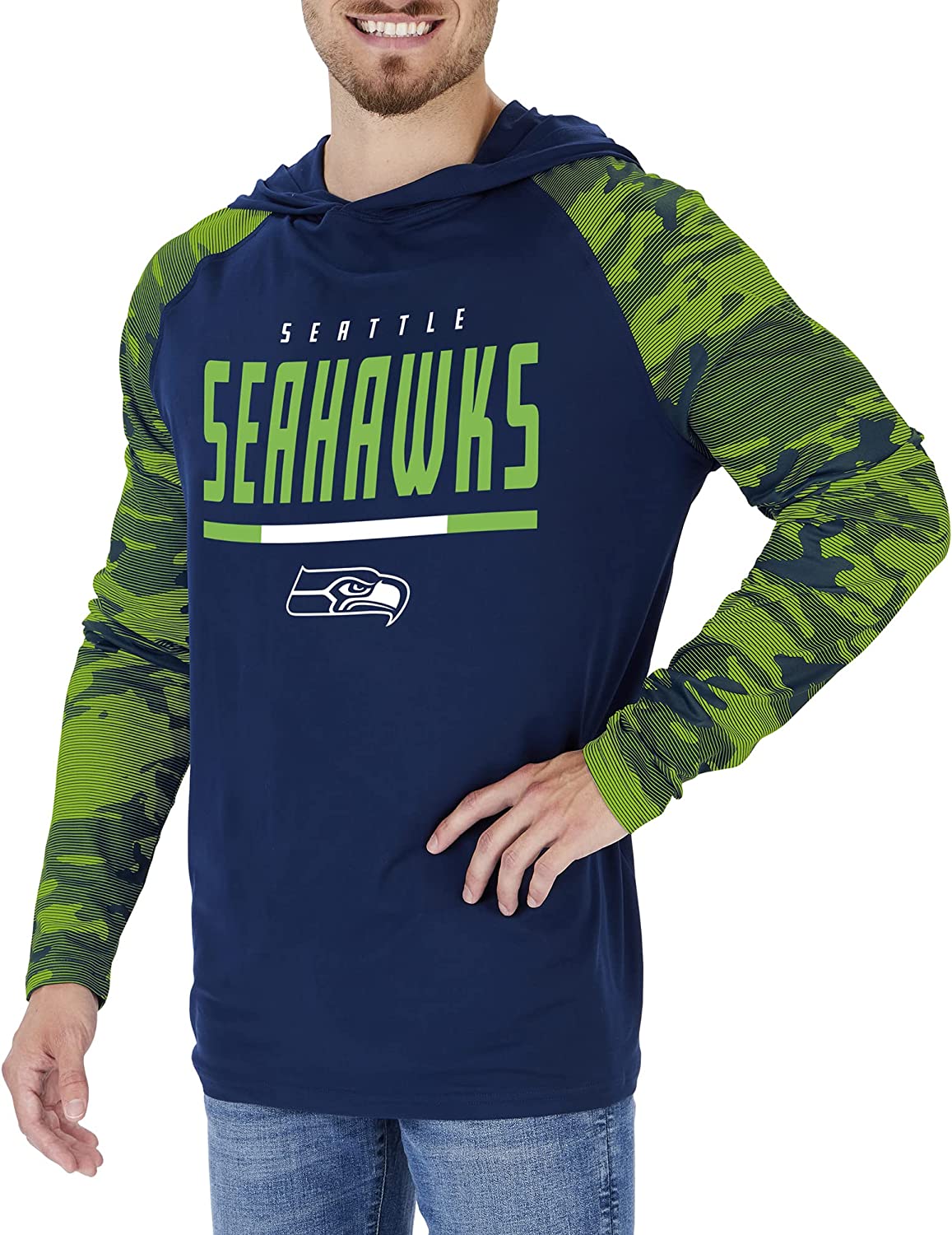 Zubaz NFL  Men's Linebacker Camo Line Sleeves Lightweight Hoodie, SEATTLE SEAHAWKS