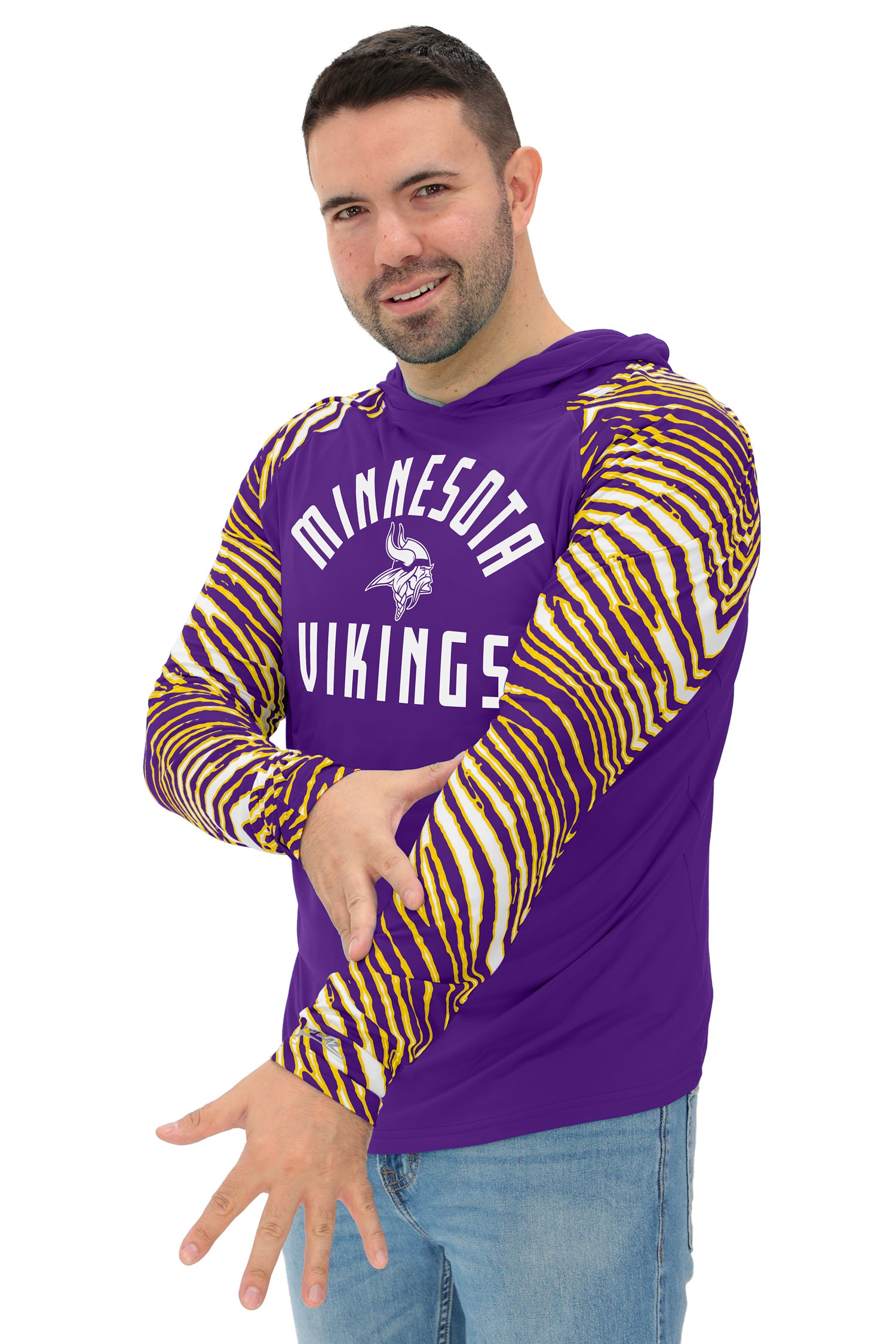 Zubaz NFL  Men's Formation 3 Color Zebra Sleeves Lightweight Hoodie, MINNESOTA VIKINGS