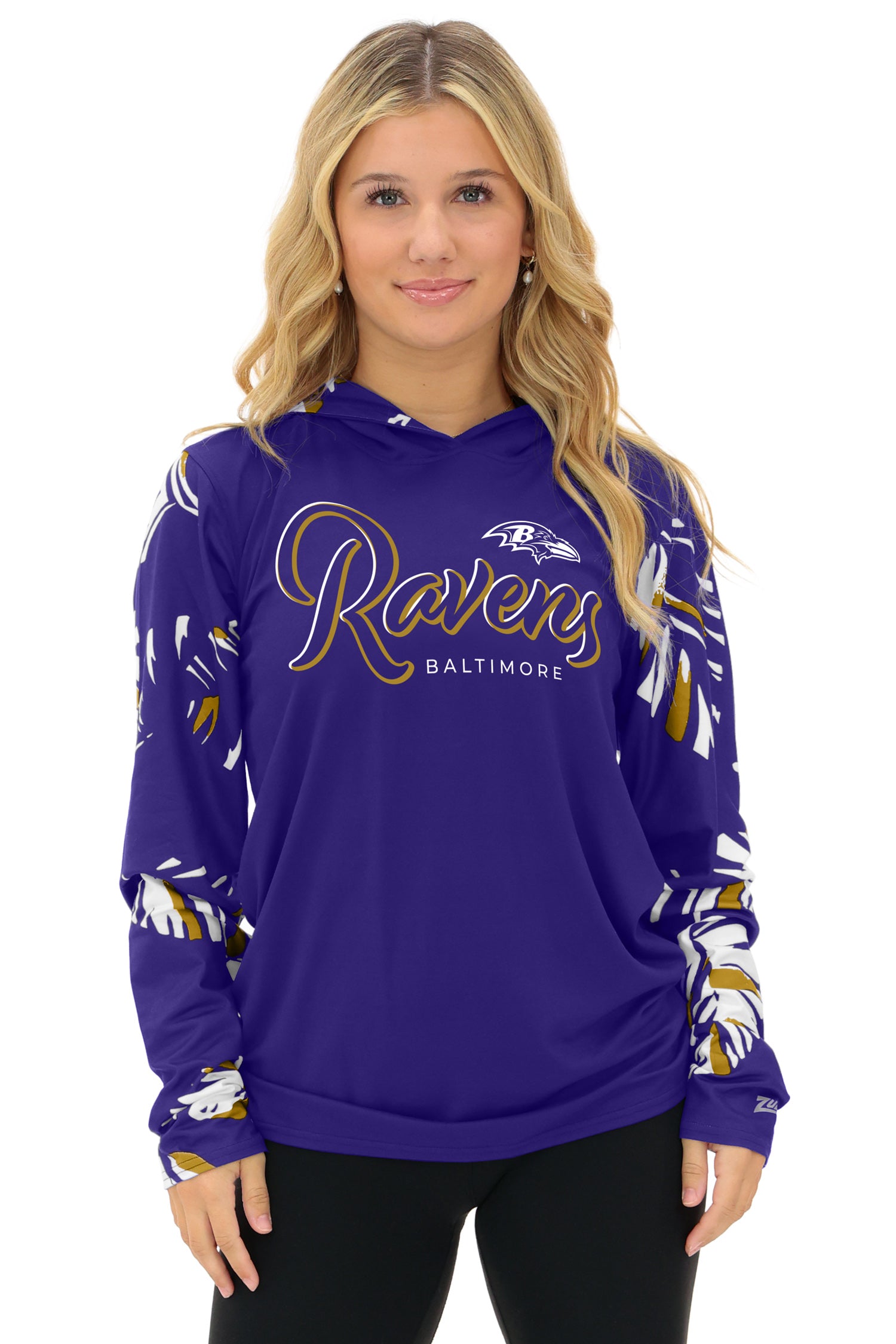 Zubaz NFL  WOMEN Casual Script Leaf Accent Lightweight Hoodie, BALTIMORE RAVENS