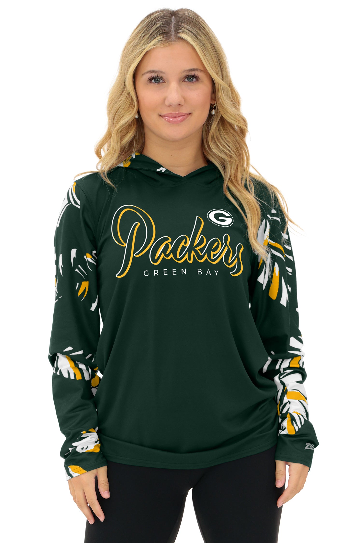 Zubaz NFL  WOMEN Casual Script Leaf Accent Lightweight Hoodie, GREEN BAY PACKERS