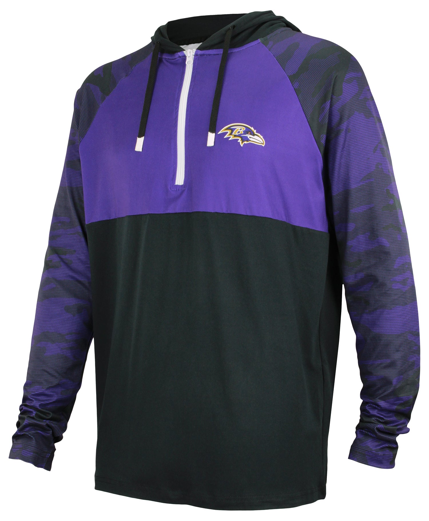Zubaz NFL   Men's Camo Line Sleeves Lightweight 1/4 Zip Color Block Hoodie, BALTIMORE RAVENS
