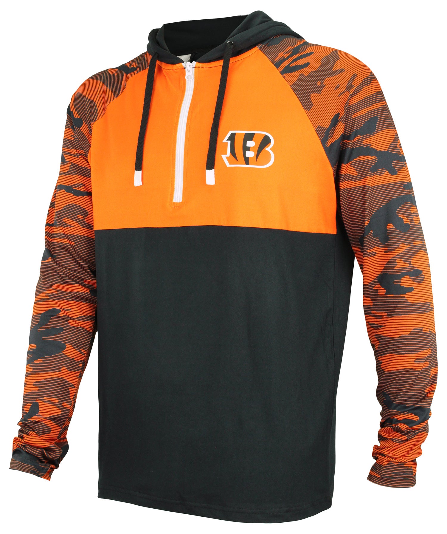 Zubaz NFL   Men's Camo Line Sleeves Lightweight 1/4 Zip Color Block Hoodie, CINCINNATI BENGALS