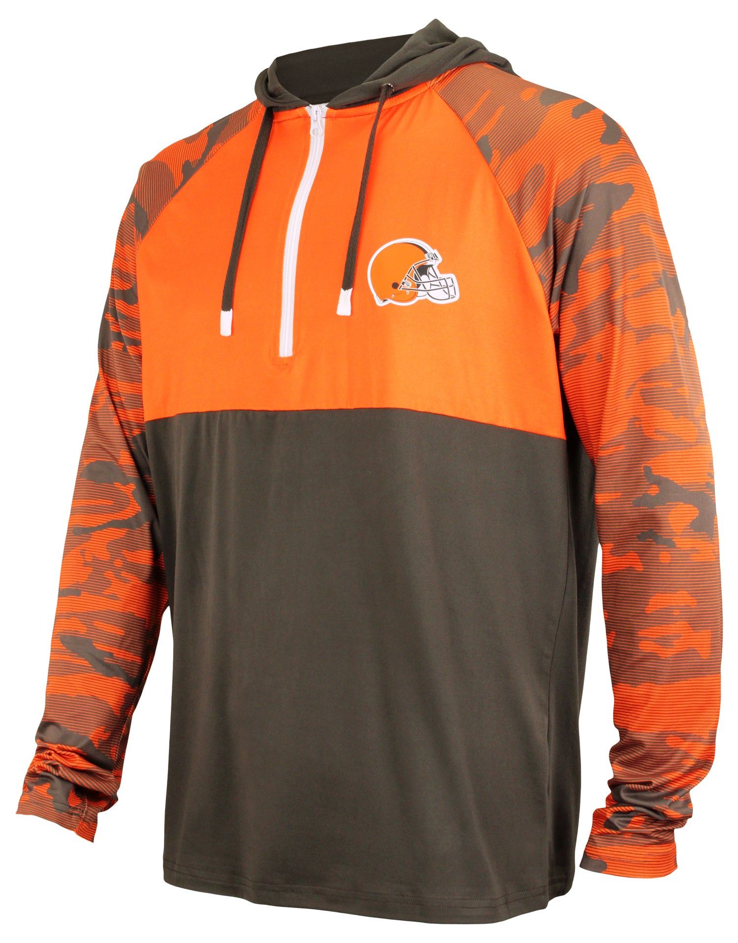 Zubaz NFL   Men's Camo Line Sleeves Lightweight 1/4 Zip Color Block Hoodie, CLEVELAND BROWNS