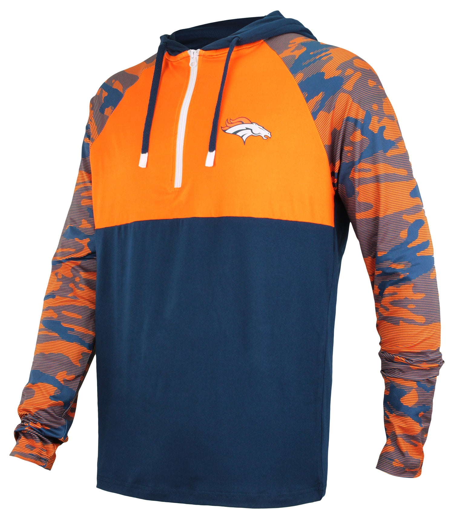 Zubaz NFL   Men's Camo Line Sleeves Lightweight 1/4 Zip Color Block Hoodie, DENVER BRONCOS