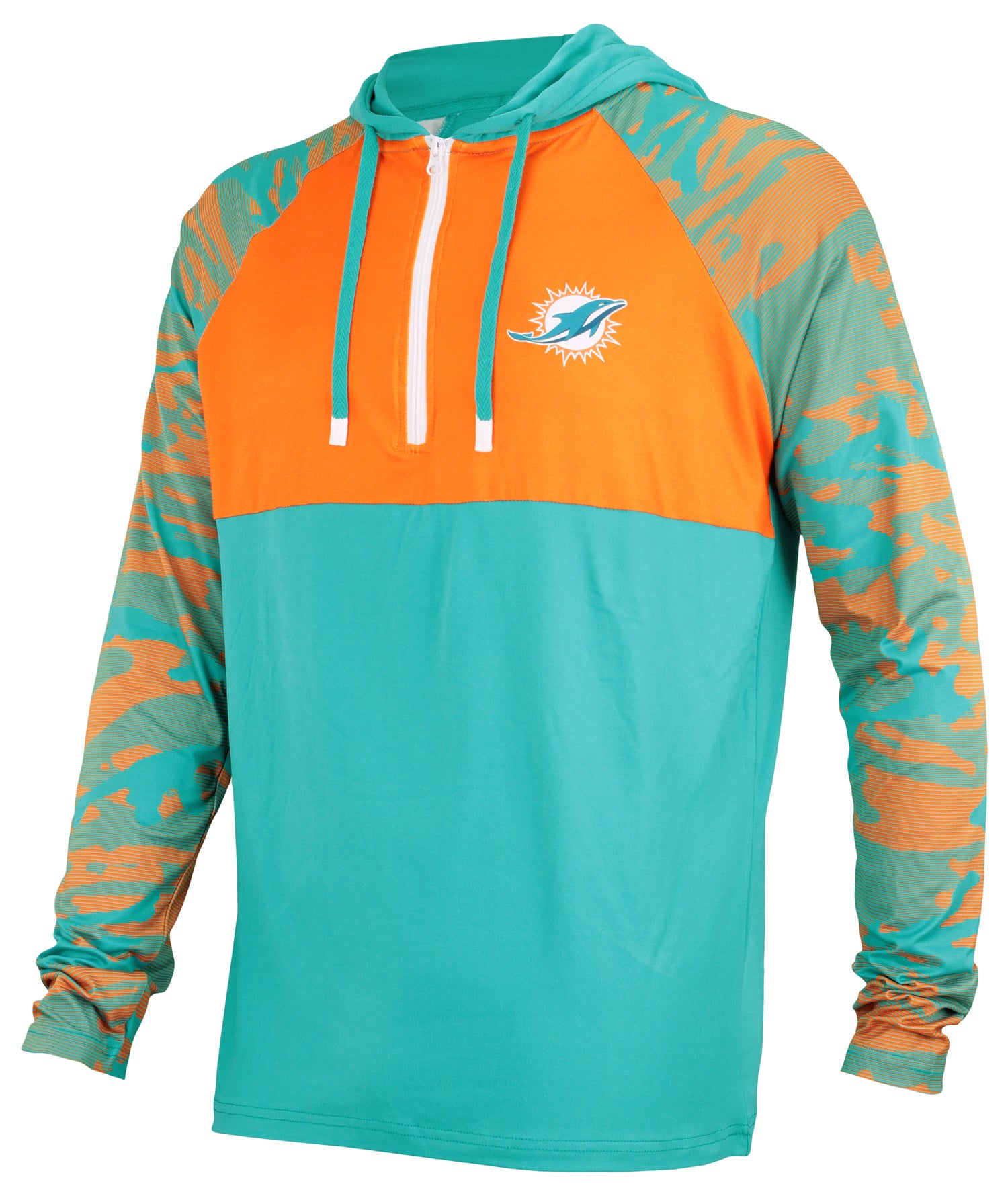 Zubaz NFL   Men's Camo Line Sleeves Lightweight 1/4 Zip Color Block Hoodie, MIAMI DOLPHINS