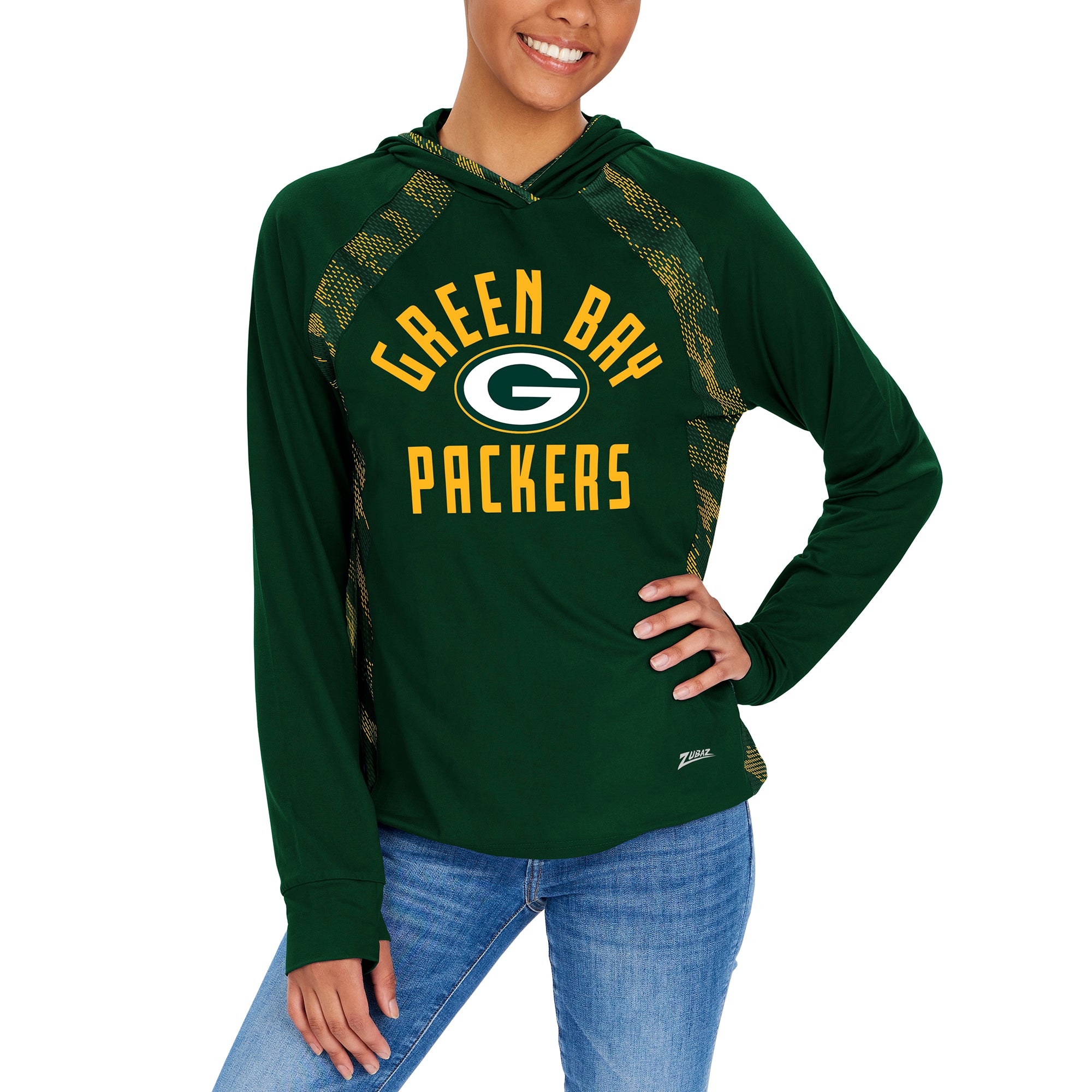 Zubaz NFL  Women's Viper Accent Elevated Lightweight Hoodie, GREEN BAY PACKERS