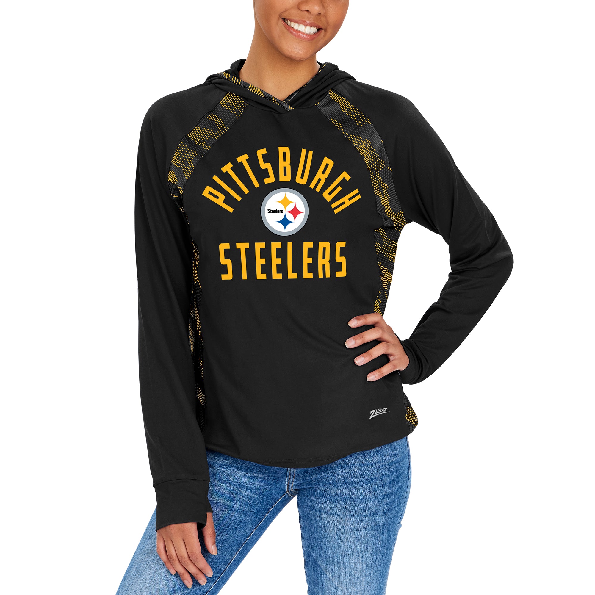 Zubaz NFL  Women's Viper Accent Elevated Lightweight Hoodie, PITTSBURGH STEELERS